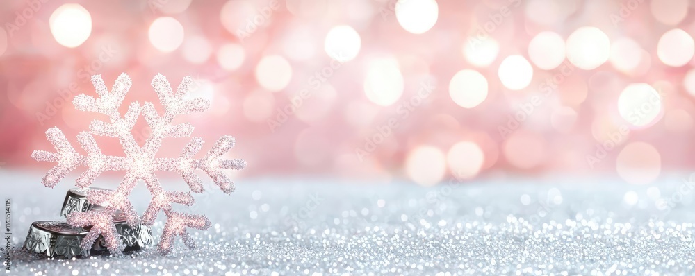 Poster Snowflake abstract background idea. A sparkling winter scene with snowflakes and soft bokeh lights in the background.