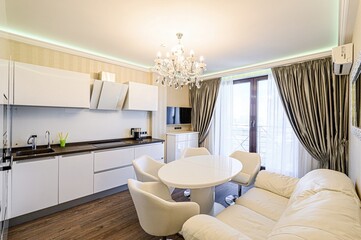 interior apartment kitchen and dining room, refectory area, cooking equipment, table furniture,...