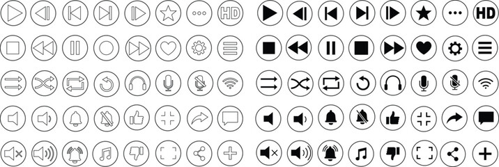 Media player icon set. Multimedia music audio control Media player interface symbol Play pause skip stop vector collection isolated on transparent background for mobile app website UI operation