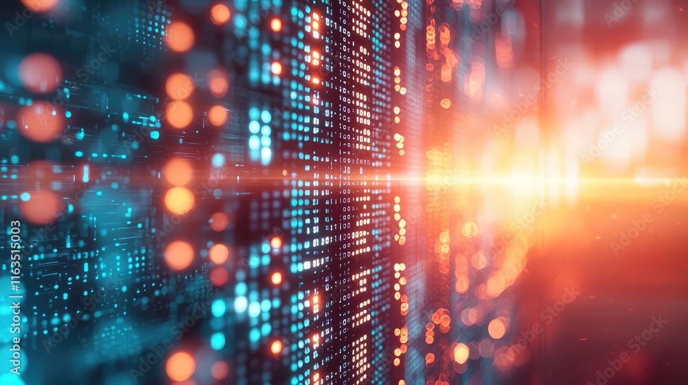 Poster Splatter abstract background concept. Futuristic data visualization with vibrant digital lights and glowing patterns.