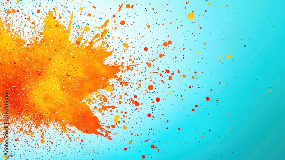 Poster Splatter abstract background concept. Bright orange paint splash on a turquoise background creating an artistic visual effect.