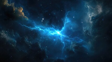 A vibrant cosmic scene depicting electric blue lightning amidst dark clouds in space.