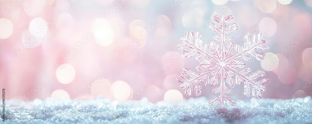 Aufkleber Snowflake abstract background idea. Delicate snowflake rests on soft snow, surrounded by dreamy pastel bokeh lights.
