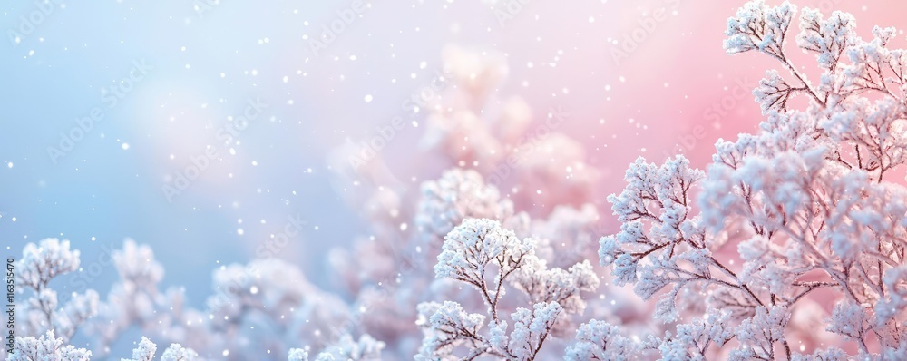 Poster snowflake abstract background idea. snow-covered branches glisten in the soft light of a winter morn
