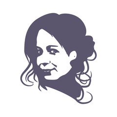 Young woman face half turn view in low key style. Elegant silhouette of a female head. Portrait of a happy smiled woman