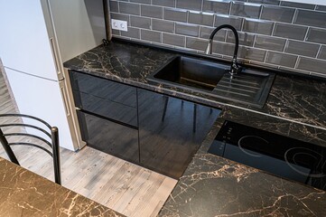 interior apartment kitchen and dining room, refectory area, cooking equipment, table furniture,...
