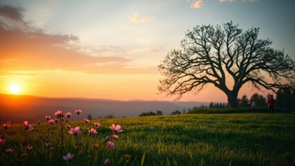 Obraz premium Serene Sunset Landscape Featuring a Majestic Old Tree and Delicate Wildflowers in a Lush Meadow