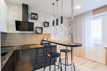 interior apartment kitchen and dining room, refectory area, cooking equipment, table furniture, stove
