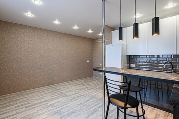 interior apartment kitchen and dining room, refectory area, cooking equipment, table furniture,...