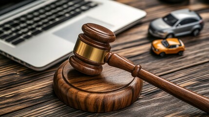 A wooden gavel lies next to a laptop and a toy car