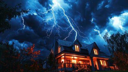 Obraz premium House illuminated at night during a powerful thunderstorm with dramatic lightning strikes.