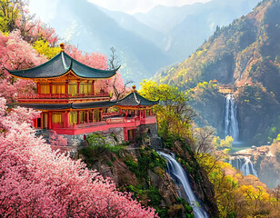 Cherry Blossoms & Waterfall