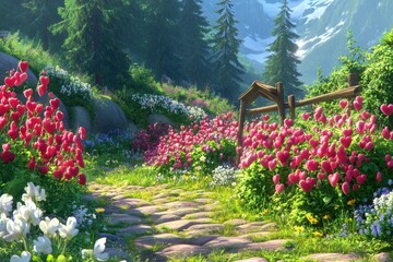Obraz premium Stone path through vibrant heart-shaped flowers and mountains.