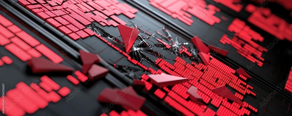 Poster crash market concept. abstract red and black digital art depicting a futuristic network disruption.