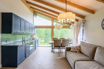 interior apartment kitchen and dining room, refectory area, cooking equipment, table furniture,...