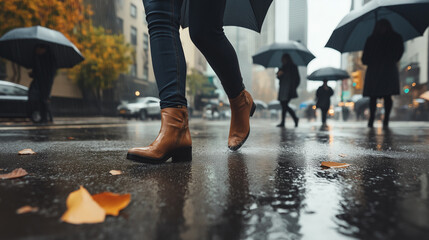 People with umbrellas in the rain.