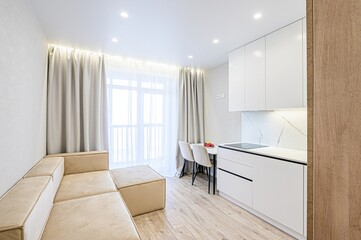 interior apartment kitchen and dining room, refectory area, cooking equipment, table furniture, stove