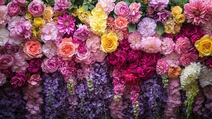 Cascading flowers in shades of pink, purple, and yellow