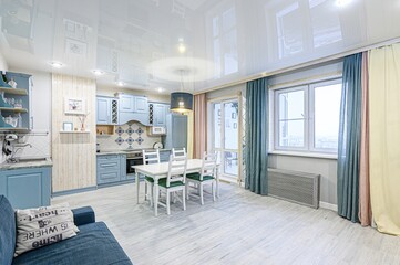 interior apartment kitchen and dining room, refectory area, cooking equipment, table furniture,...