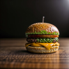 Big hamburger with huge ham piece and a lot of cheese