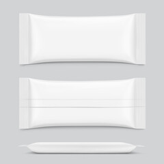 Realistic flow packaging mockup for bars, candies, waffles. Front, back and side views. Vector illustration on grey background. Easy to use for presentation your product, idea, design. EPS10.