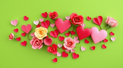 Colorful hearts and roses on a vibrant green background, perfect for romantic themes