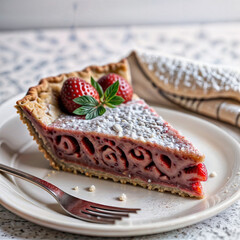 A piece of strawberry pie on a white plate