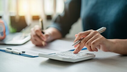 Tax deduction planning concept. Women use a calculator to calculate expenses and taxes to receive tax deductions for personal individual Income. tax return for individual persons.monthly expenses
