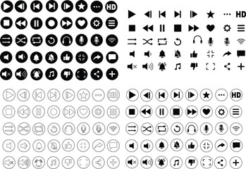 Media player icon set. Multimedia music audio control Media player interface symbol Play pause skip stop vector collection isolated on transparent background for mobile app website UI operation