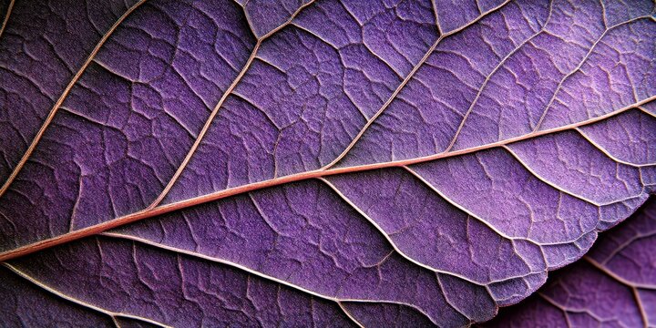 Macro purple leaf with texture. Closeup detail of an organic plant. Intricate vein pattern, vibrant nature style, suitable for photography and decorative design uses.