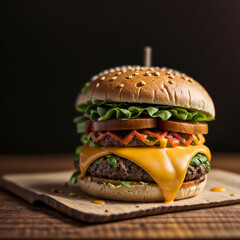 Big hamburger with huge ham piece and a lot of cheese