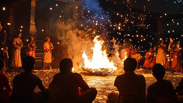 Vivid scenes of a traditional fire dance ceremony, with performers in cultural attire surrounded by spectators under a warm, glowing night sky. The dynamic flames and ornate surroundings 