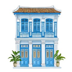 Illustration of a Traditional Peranakan Shop House with Blue Doors and Windows.
