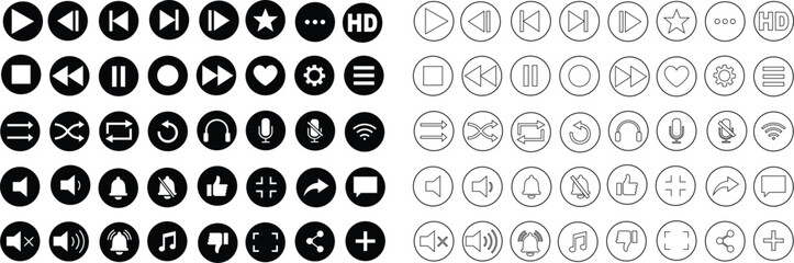 Media player icon set. Multimedia music audio control Media player interface symbol Play pause skip stop vector collection isolated on transparent background for mobile app website UI operation