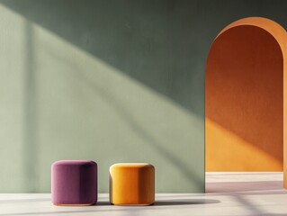 Emerald green, burnt orange, and muted purple matte backdrops with artistic product pedestals, creating a high-end editorial setting