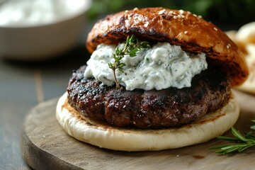 Delicious Lamb Burger with Feta Cheese and Tzatziki Sauce for Gourmet Dining