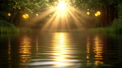 Golden Sunset Rays Reflecting On Calm Forest River Water