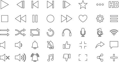 Media player icon set. Multimedia music audio control Media player interface symbol Play pause skip stop vector collection isolated on transparent background for mobile app website UI operation