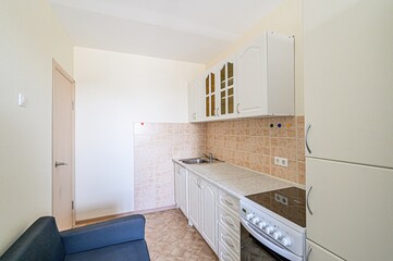 interior apartment kitchen and dining room, refectory area, cooking equipment, table furniture,...