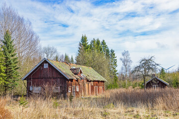 Abandoned wooden barn and a red cottage in the countryside