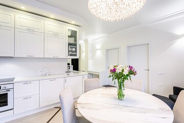 interior apartment kitchen and dining room, refectory area, cooking equipment, table furniture,...