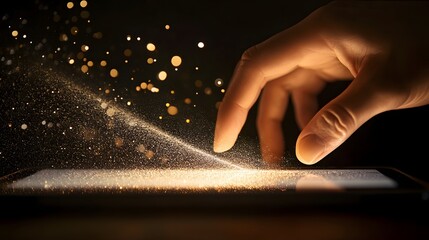 A Hand Interacting With A Glittering Digital Interface