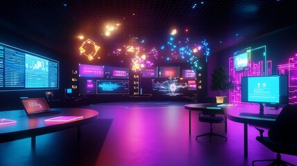 Futuristic, neon-lit control room with holographic displays and data visualizations.