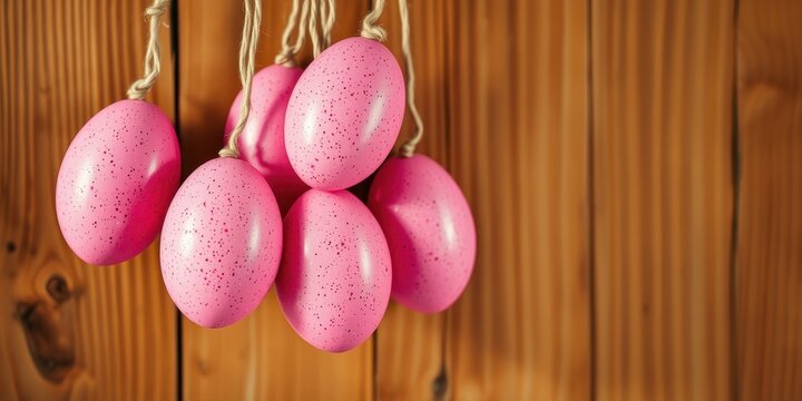 Pink speckled eggs hanging from twine against wooden backdrop