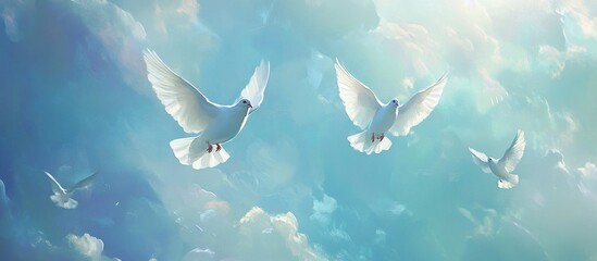 Three white doves soaring in a light-filled sky.