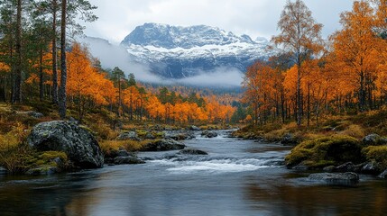 Fototapeta premium Serene Autumn River Flowing Through a Mountain Valley