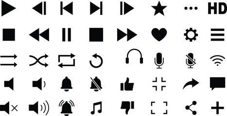 Media player icon set. Multimedia music audio control Media player interface symbol Play pause skip stop vector collection isolated on transparent background for mobile app website UI operation