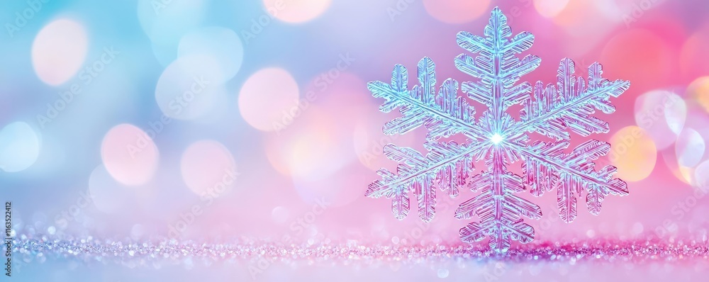 Poster Snowflake abstract background idea. A delicate snowflake shines against a dreamy pink and blue bokeh background.
