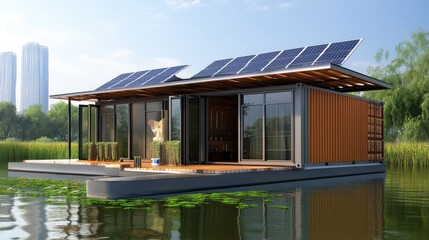 Fototapeta premium Modern floating eco-friendly house on water with solar panels.