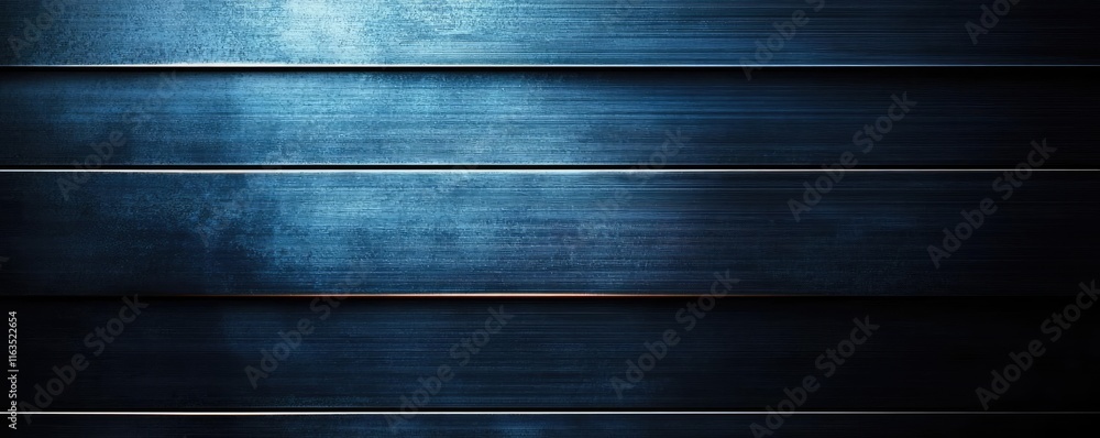 Poster Brushed abstract background concept. Abstract blue metallic texture with horizontal lines and soft lighting effects.